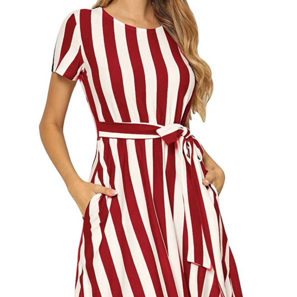 Red And White Striped Jersey Dress With Pockets Size Small